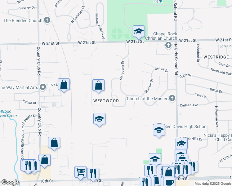 map of restaurants, bars, coffee shops, grocery stores, and more near 7734 Cruyff Circle in Indianapolis