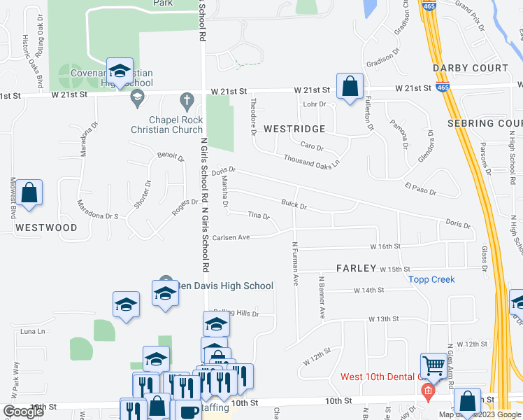 map of restaurants, bars, coffee shops, grocery stores, and more near 7106 Tina Drive in Indianapolis