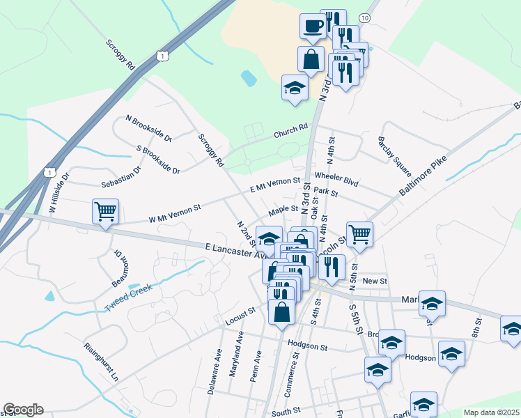 map of restaurants, bars, coffee shops, grocery stores, and more near 111 Pine Street in Oxford