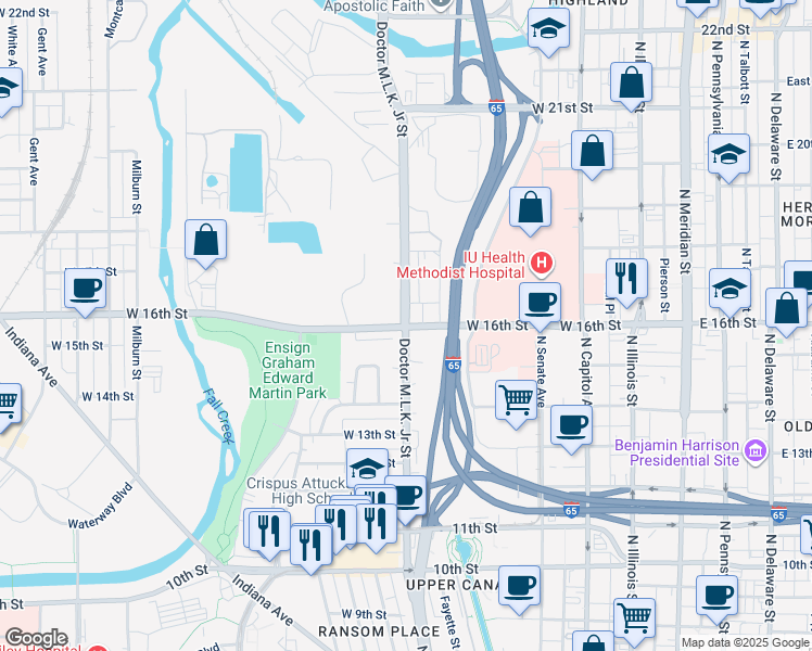 map of restaurants, bars, coffee shops, grocery stores, and more near 1575 Doctor Martin Luther King Junior Street in Indianapolis