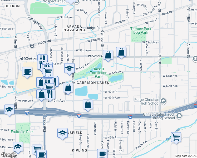 map of restaurants, bars, coffee shops, grocery stores, and more near 5099 Garrison Street in Wheat Ridge