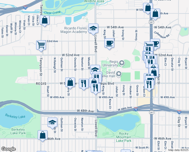 map of restaurants, bars, coffee shops, grocery stores, and more near 5025 Lowell Boulevard in Denver