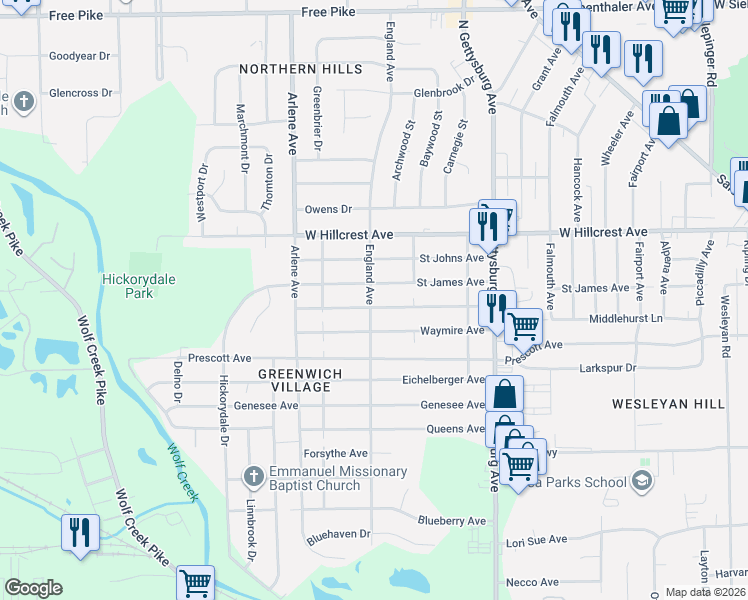 map of restaurants, bars, coffee shops, grocery stores, and more near 4605 Saint James Avenue in Dayton