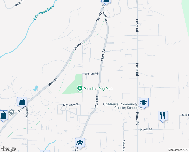 map of restaurants, bars, coffee shops, grocery stores, and more near 1543 Warren Road in Paradise