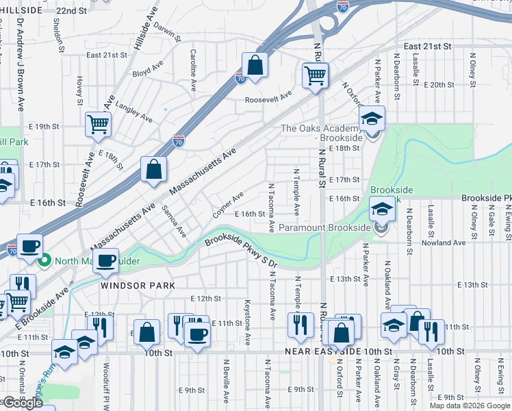 map of restaurants, bars, coffee shops, grocery stores, and more near 2411 Coyner Avenue in Indianapolis