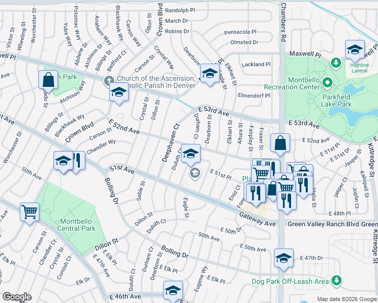 map of restaurants, bars, coffee shops, grocery stores, and more near 5210 Durham Court in Denver