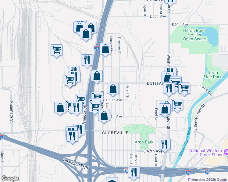 map of restaurants, bars, coffee shops, grocery stores, and more near 5085 Lincoln Street in Denver