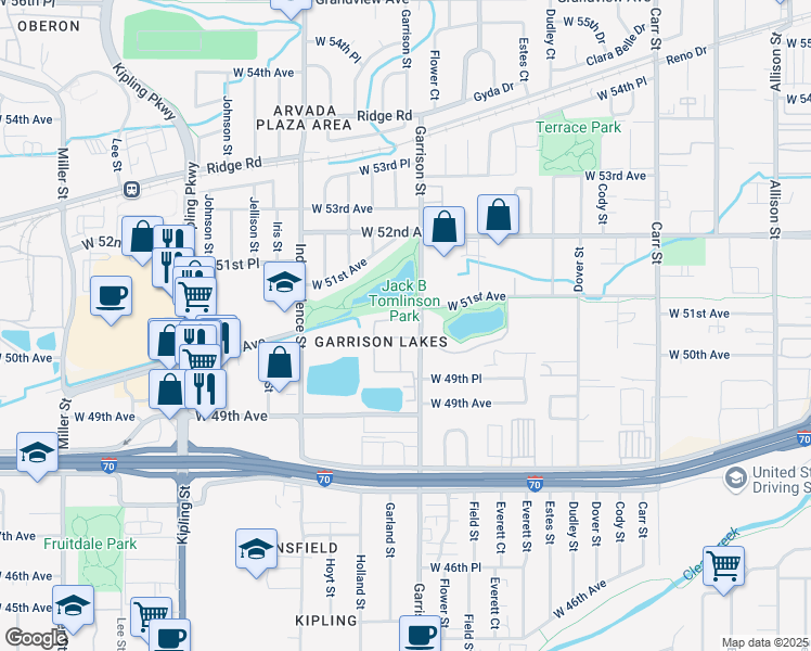 map of restaurants, bars, coffee shops, grocery stores, and more near 5099 Garrison Street in Wheat Ridge