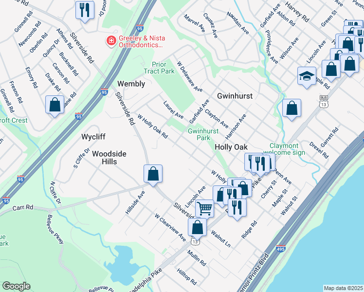 map of restaurants, bars, coffee shops, grocery stores, and more near 309 Wyoming Avenue in Wilmington