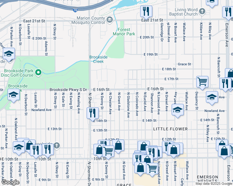 map of restaurants, bars, coffee shops, grocery stores, and more near 4068 East 16th Street in Indianapolis