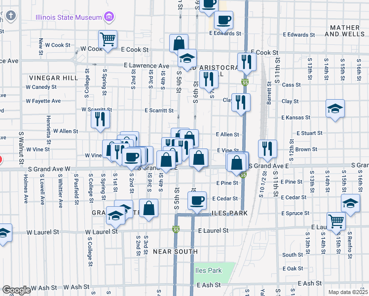 map of restaurants, bars, coffee shops, grocery stores, and more near 510 East Allen Street in Springfield