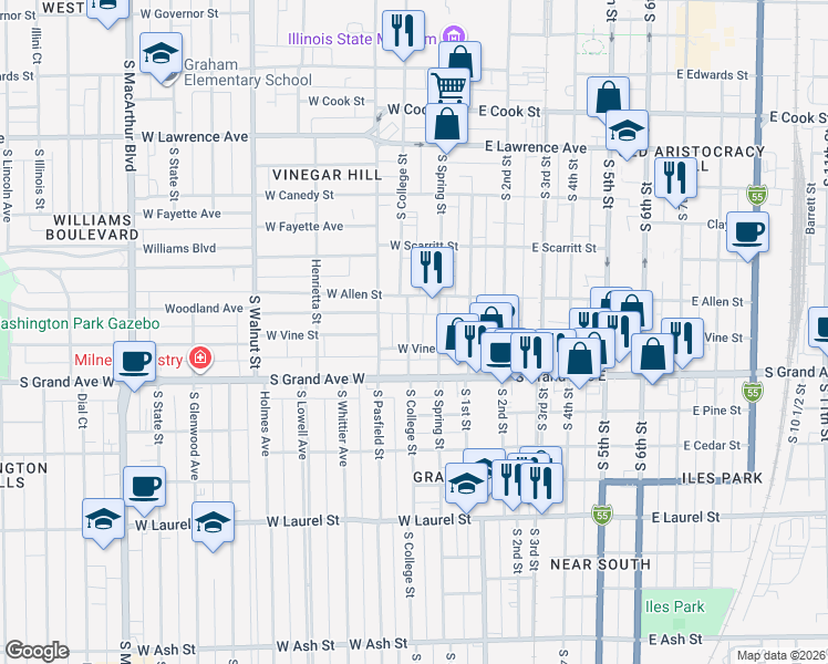 map of restaurants, bars, coffee shops, grocery stores, and more near 1121 South Spring Street in Springfield