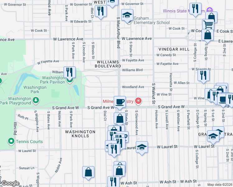 map of restaurants, bars, coffee shops, grocery stores, and more near 1002 Woodland Avenue in Springfield
