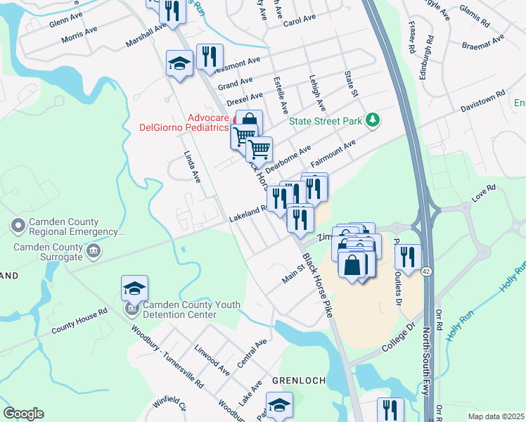map of restaurants, bars, coffee shops, grocery stores, and more near 1000 Melrose Avenue in Camden County