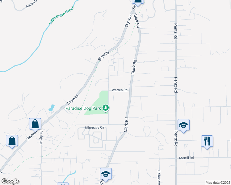 map of restaurants, bars, coffee shops, grocery stores, and more near 1526 Warren Road in Paradise