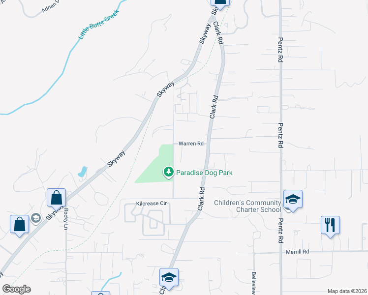 map of restaurants, bars, coffee shops, grocery stores, and more near 6742 Moore Road in Paradise