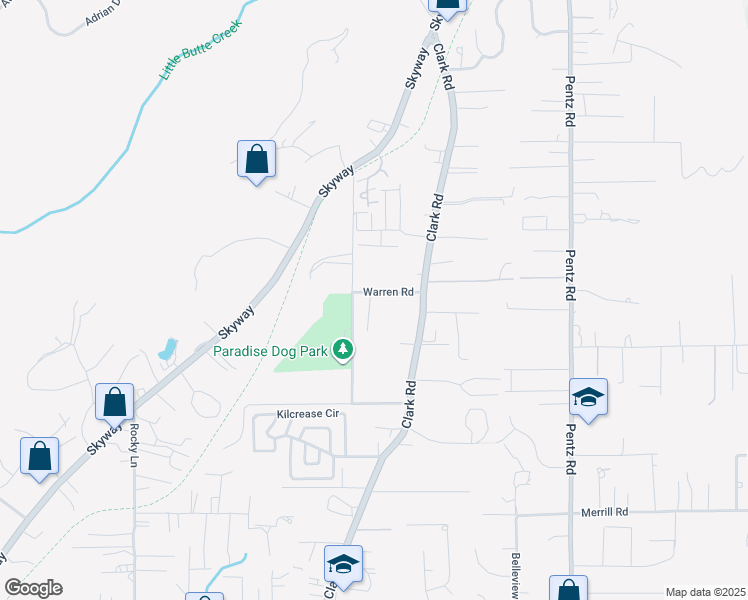 map of restaurants, bars, coffee shops, grocery stores, and more near 1526 Warren Road in Paradise