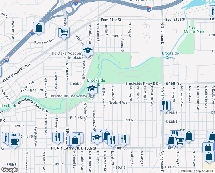 map of restaurants, bars, coffee shops, grocery stores, and more near 3211 Brookside Parkway South Drive in Indianapolis