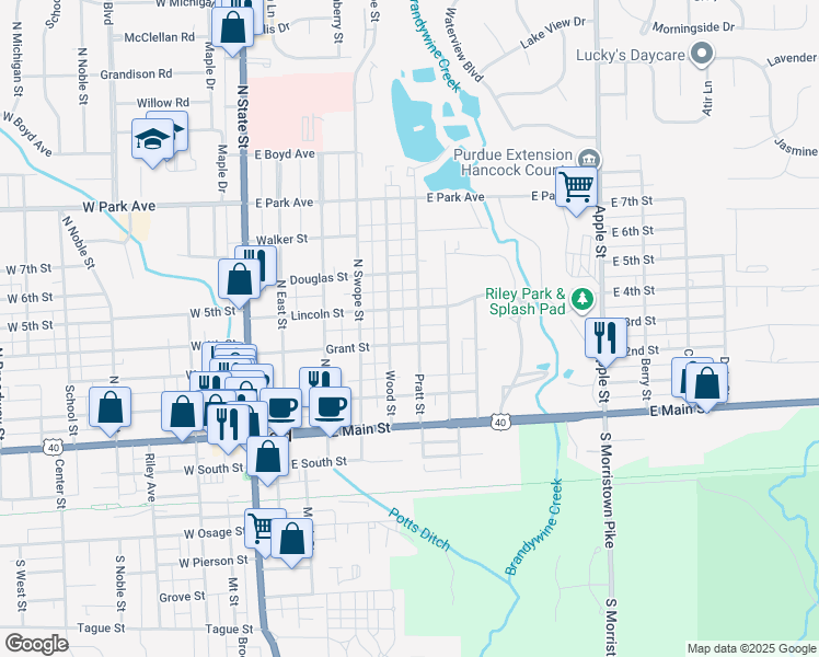 map of restaurants, bars, coffee shops, grocery stores, and more near 329 Pratt Street in Greenfield