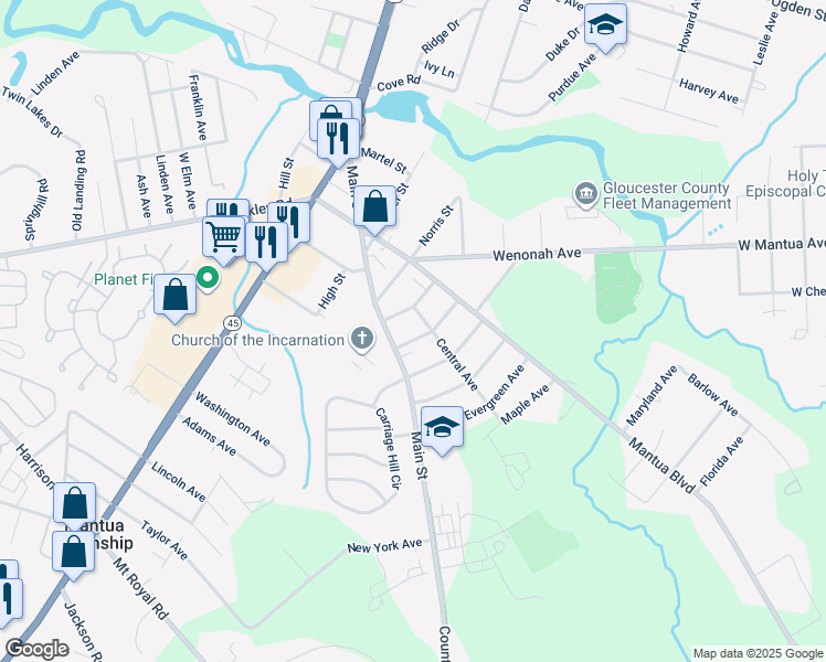 map of restaurants, bars, coffee shops, grocery stores, and more near 224 Summit Avenue in Mantua Township