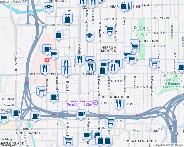 map of restaurants, bars, coffee shops, grocery stores, and more near 110 East 16th Street in Indianapolis