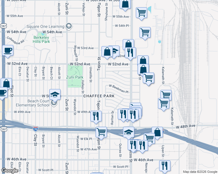 map of restaurants, bars, coffee shops, grocery stores, and more near 1870 West Beekman Place in Denver