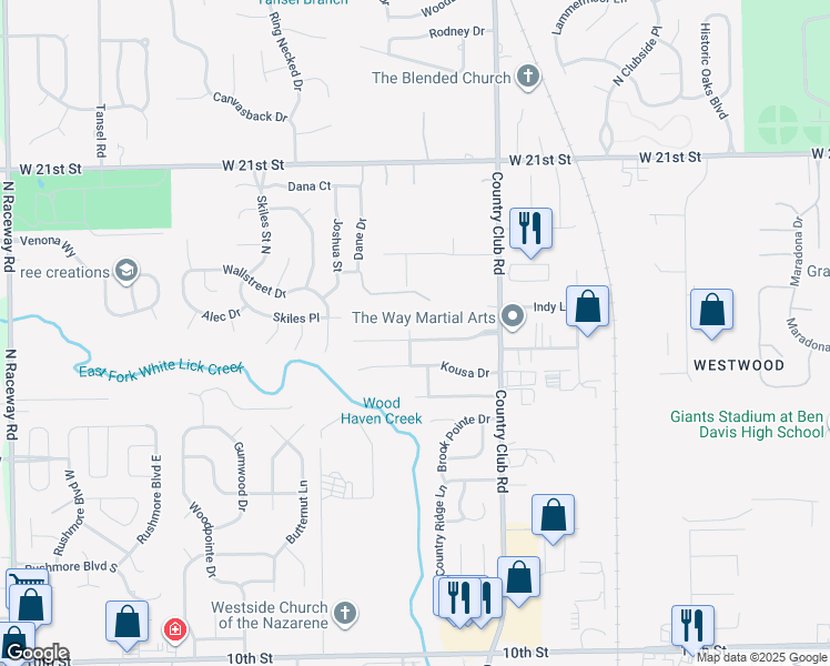 map of restaurants, bars, coffee shops, grocery stores, and more near 1734 Kayla Drive in Indianapolis