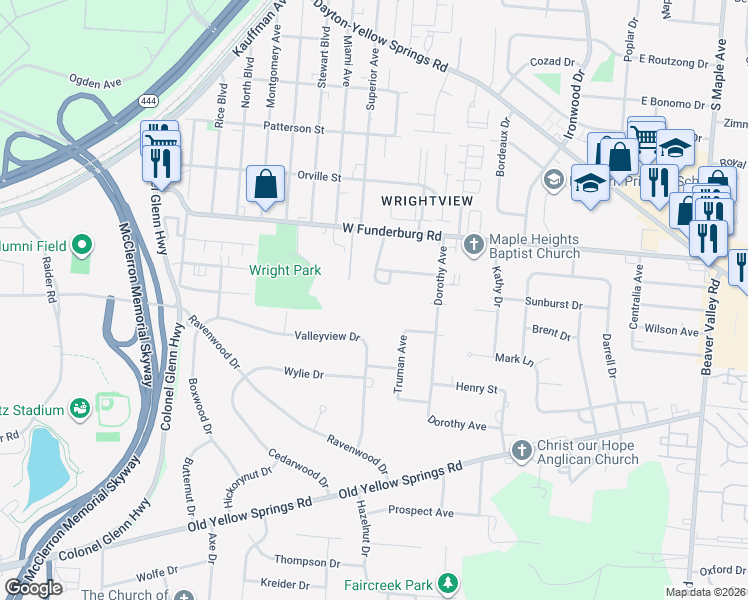 map of restaurants, bars, coffee shops, grocery stores, and more near 562 Hamilton Drive in Fairborn