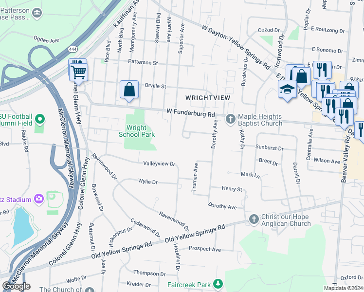 map of restaurants, bars, coffee shops, grocery stores, and more near 562 Hamilton Drive in Fairborn
