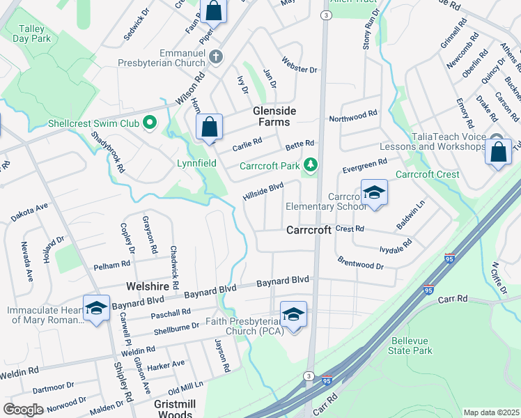 map of restaurants, bars, coffee shops, grocery stores, and more near 1206 Redleaf Road in Wilmington