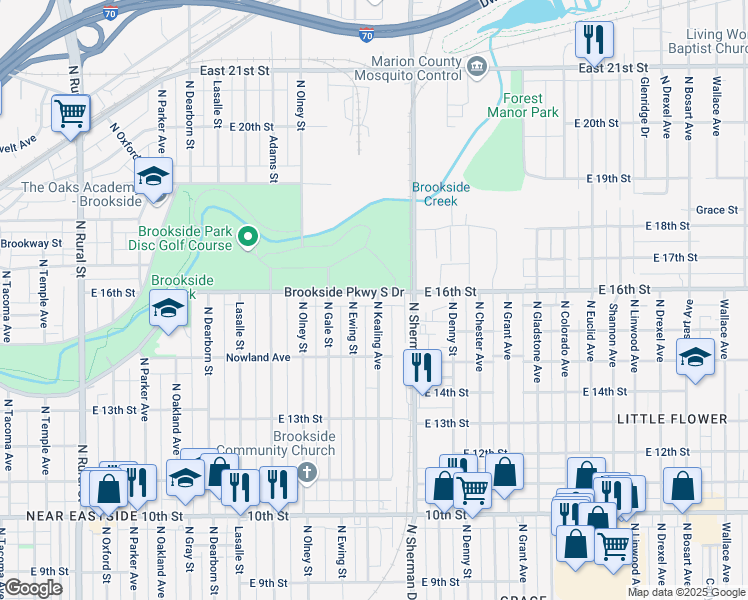 map of restaurants, bars, coffee shops, grocery stores, and more near 3621 Brookside Parkway South Drive in Indianapolis