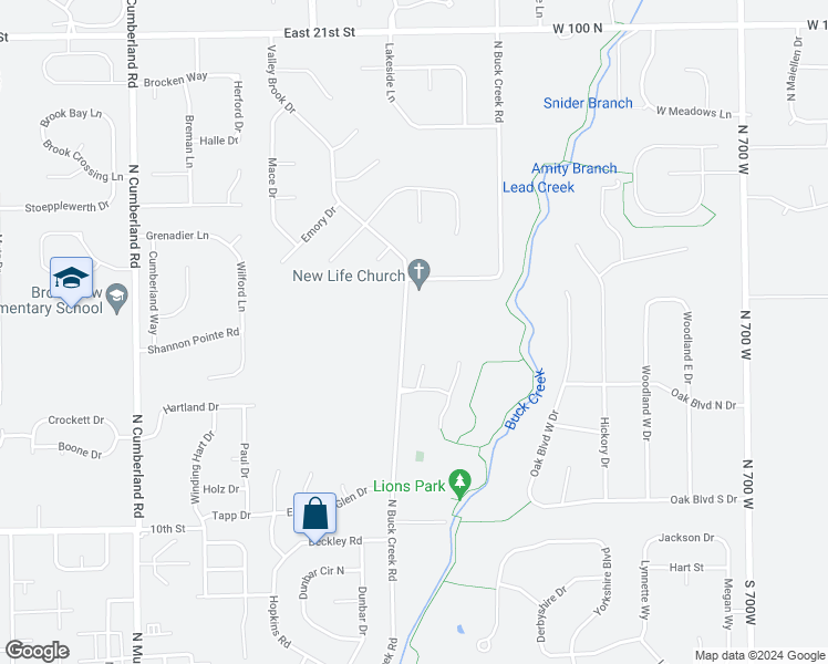 map of restaurants, bars, coffee shops, grocery stores, and more near 495 North Buck Creek Road in Indianapolis