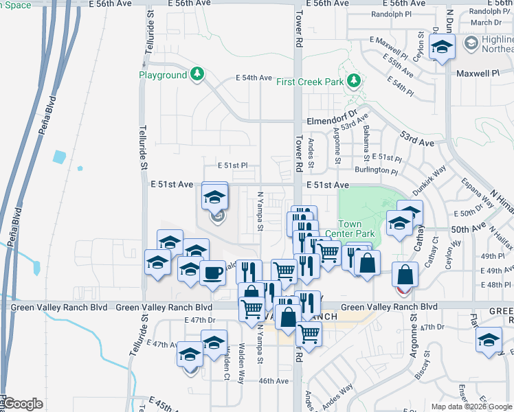 map of restaurants, bars, coffee shops, grocery stores, and more near 4959-5081 Tower Road in Denver