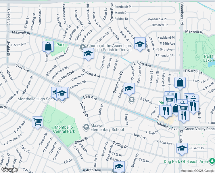 map of restaurants, bars, coffee shops, grocery stores, and more near 5194 Sable Street in Denver