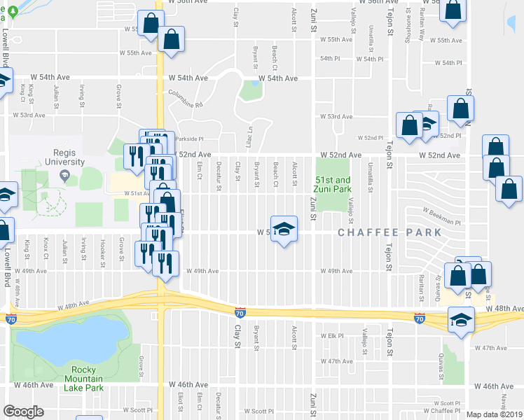 map of restaurants, bars, coffee shops, grocery stores, and more near 5085 Bryant Street in Denver