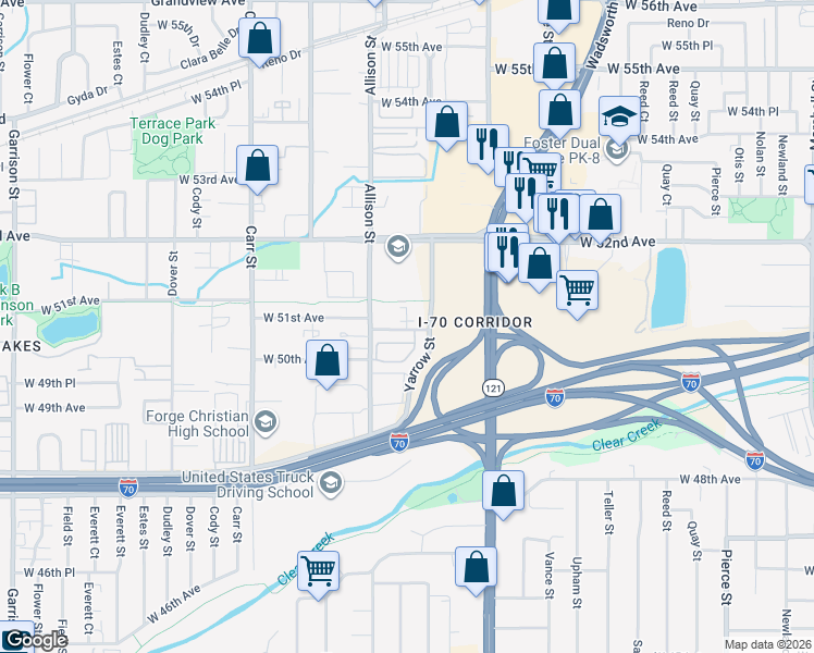 map of restaurants, bars, coffee shops, grocery stores, and more near 5129 Yarrow Street in Arvada