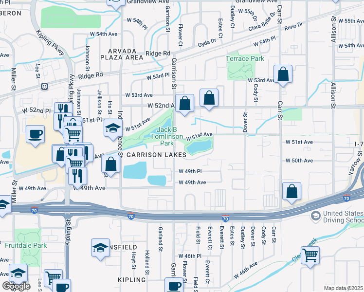 map of restaurants, bars, coffee shops, grocery stores, and more near 9051 West 51st Avenue in Arvada