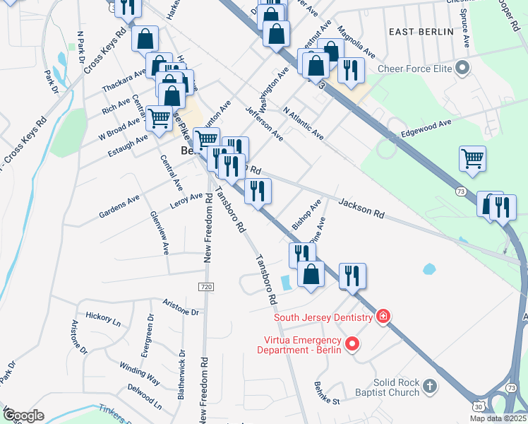 map of restaurants, bars, coffee shops, grocery stores, and more near 251 3 South White Horse Pike in Berlin