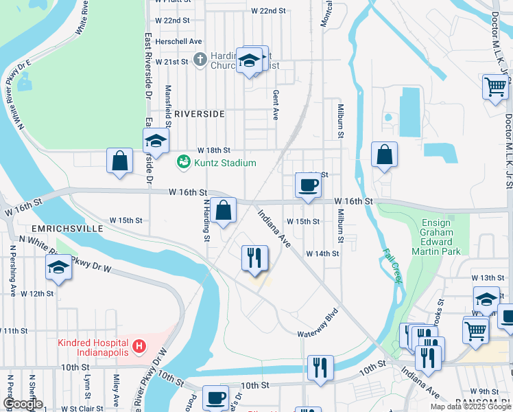 map of restaurants, bars, coffee shops, grocery stores, and more near 1250 West 16th Street in Indianapolis