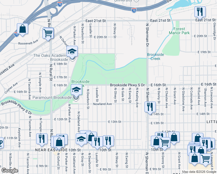 map of restaurants, bars, coffee shops, grocery stores, and more near 3409 Brookside Parkway South Drive in Indianapolis
