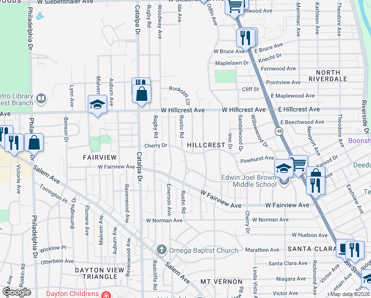 map of restaurants, bars, coffee shops, grocery stores, and more near 2314 Rustic Road in Dayton