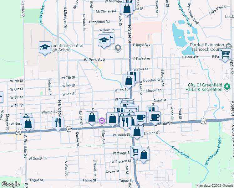 map of restaurants, bars, coffee shops, grocery stores, and more near 117 West 5th Street in Greenfield