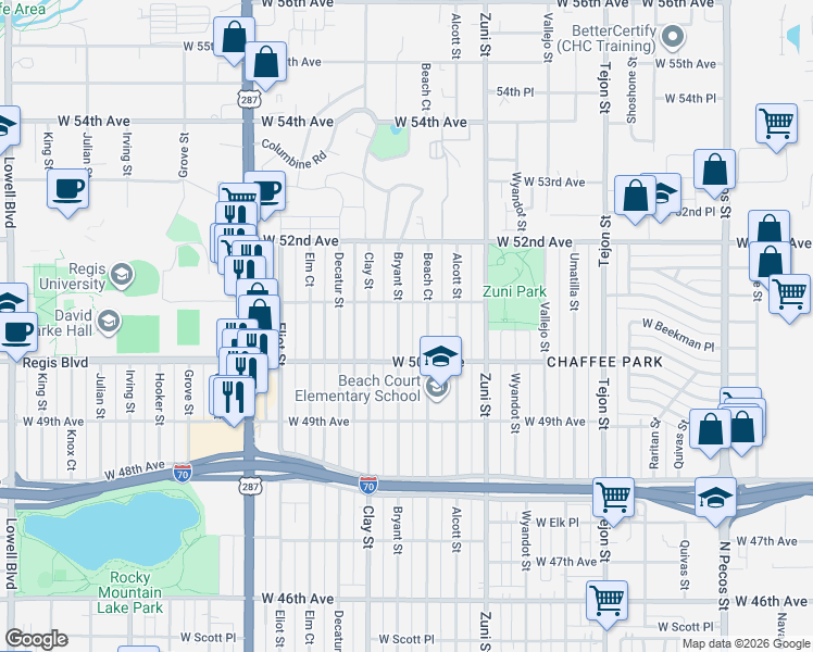 map of restaurants, bars, coffee shops, grocery stores, and more near 5085 Bryant Street in Denver