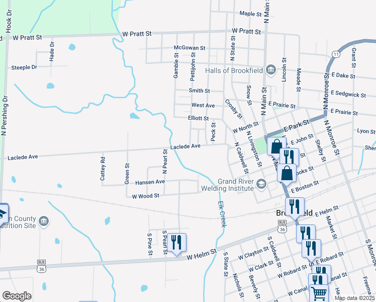 map of restaurants, bars, coffee shops, grocery stores, and more near 501-563 Pettijohn Street in Brookfield