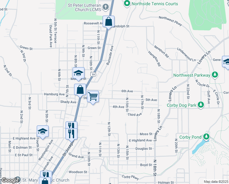 map of restaurants, bars, coffee shops, grocery stores, and more near 1201 6th Avenue in Saint Joseph