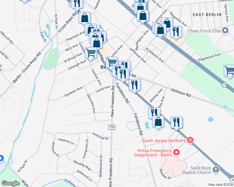 map of restaurants, bars, coffee shops, grocery stores, and more near 40 Tansboro Road in Berlin