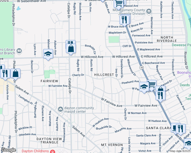 map of restaurants, bars, coffee shops, grocery stores, and more near 2307 Alpine Way in Dayton