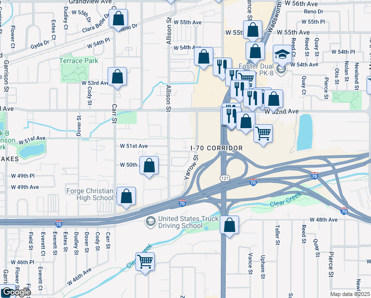 map of restaurants, bars, coffee shops, grocery stores, and more near 5129 Yarrow Street in Arvada