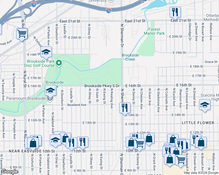 map of restaurants, bars, coffee shops, grocery stores, and more near in Indianapolis