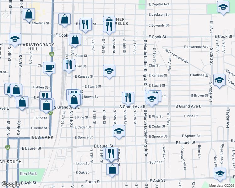 map of restaurants, bars, coffee shops, grocery stores, and more near 1205 South 15th Street in Springfield